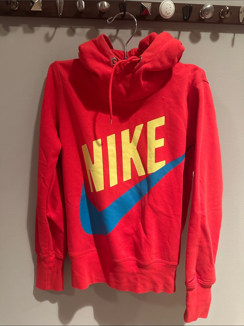 Nike Red Cowl Pullover with Yellow Logo and Blue Swoosh